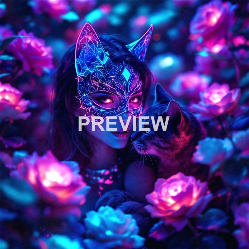 A woman wearing an illuminated, intricate fox-shaped mask with glowing designs, surrounded by vibrant pink and purple flowers, holding a black cat close to her face in a surreal, neon-lit setting.